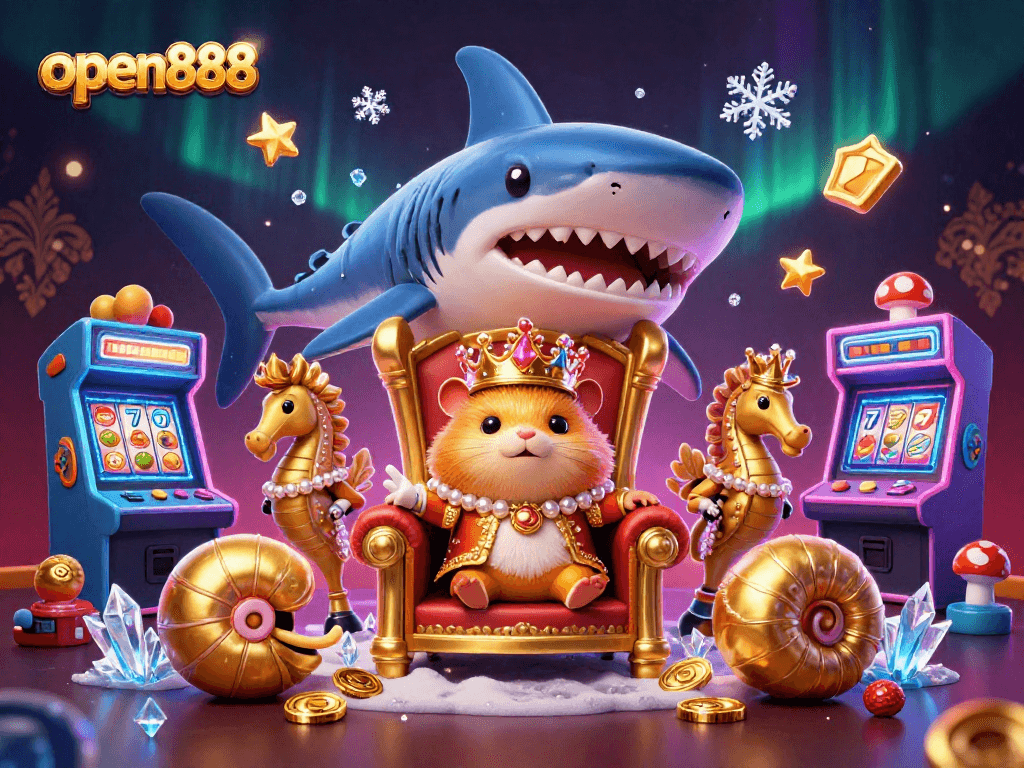 Spin and win with open888 in this vibrant 3D casino illustration featuring a hamster king.
