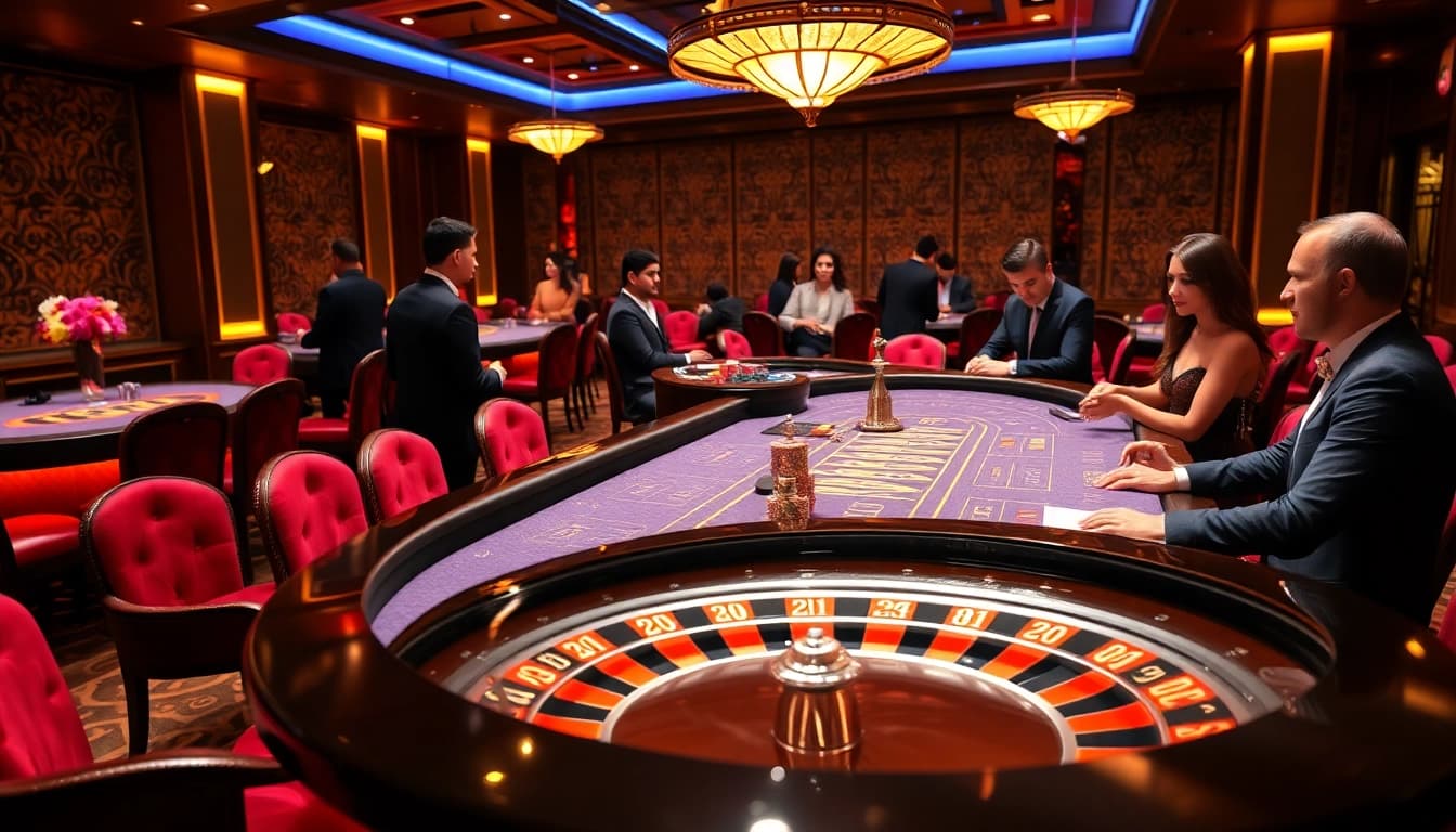 Experience the thrill of U31 gaming with vibrant tables and elegant decor in a luxurious casino atmosphere.