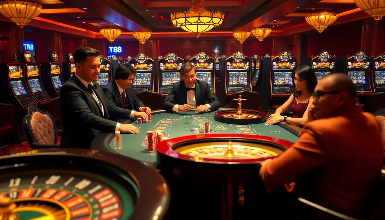 TR88 gambling scene with luxury poker tables, vibrant slot machines, and high-stakes excitement.