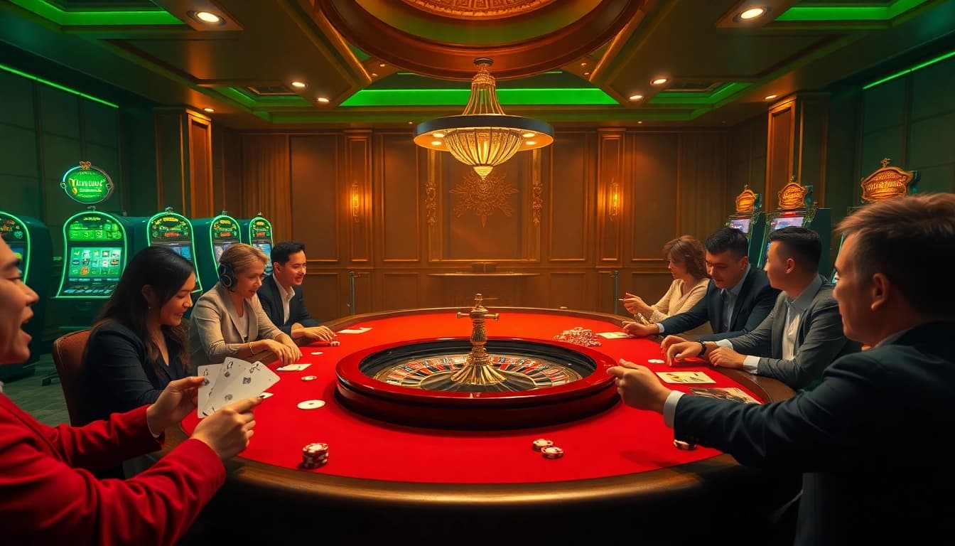 Excited players engaged in high-stakes poker at a luxurious online casino showcasing e28 malaysia.