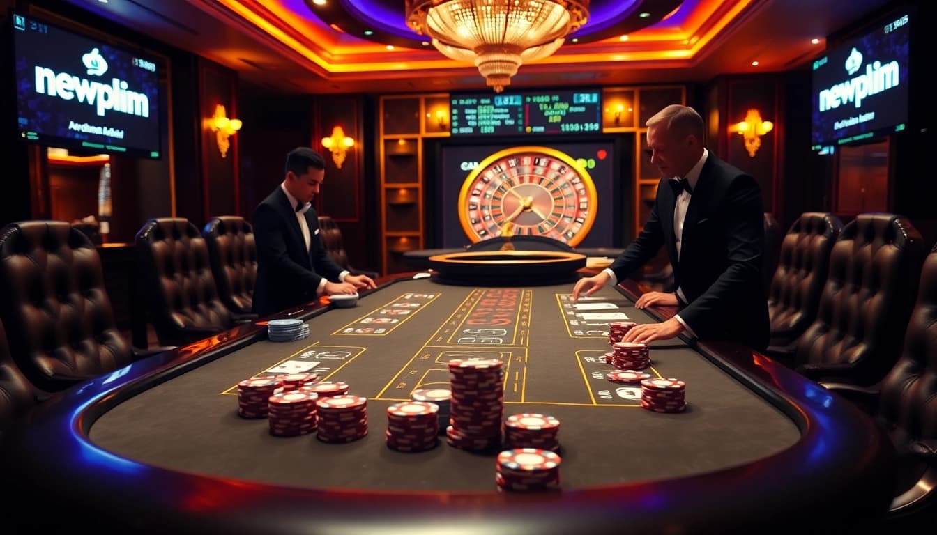 Engage in high-stakes gambling at newphim's luxury casino atmosphere with poker chips and roulette.