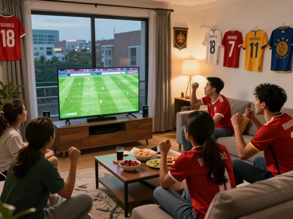A group of friends enjoying a live football match on cakhiatvz.live, creating a lively and engaging atmosphere.
