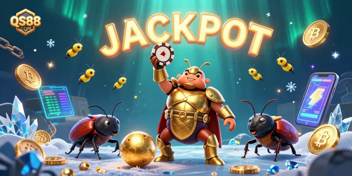 Play and win at QS88 COM with a victorious beetle lifting a poker chip in a colorful casino scene.