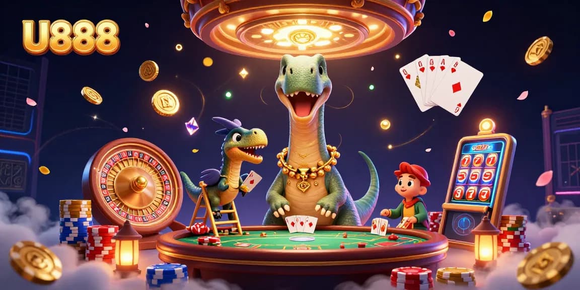 Bet on U888 with fun casino action featuring a cartoon brontosaurus and clever raptor dealer.