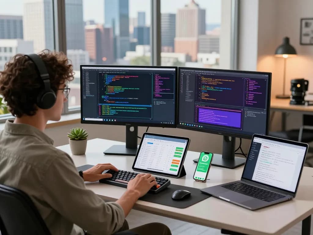 Developer using MoltBot AI assistant in a modern tech workspace, showcasing productivity tools and ambient light.