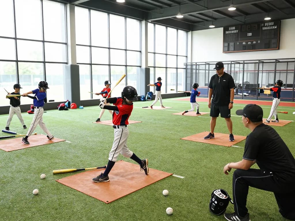 Youth athletes training at hitclub baseball facility, practicing swings and pitching techniques with coaches guiding them.