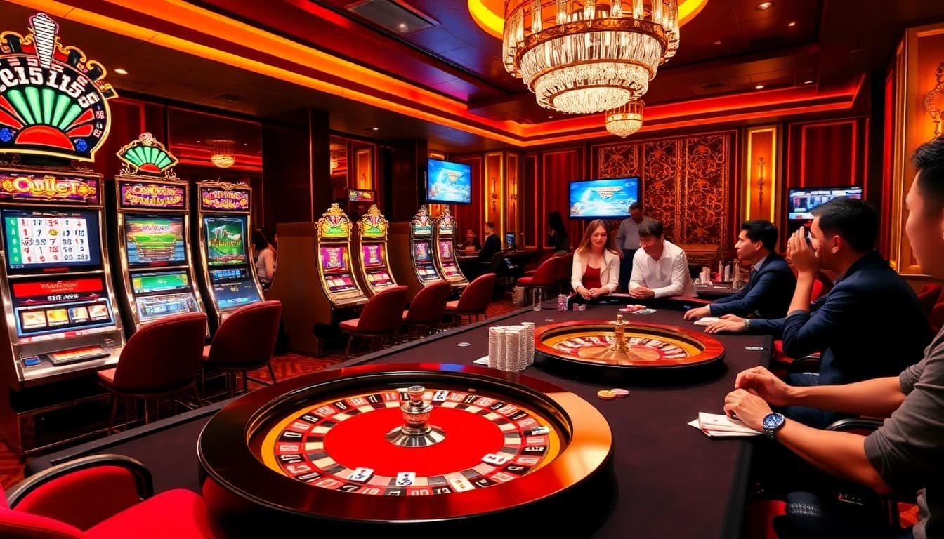 Engage in exciting gameplay at https://bem88.com with vibrant casino tables, roulette wheels, and glamorous slot machines.