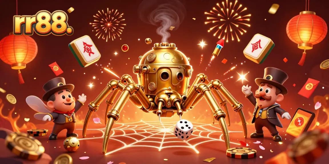 Engage in thrilling gameplay with rr88. featuring a cartoon steampunk spider and vibrant casino elements.