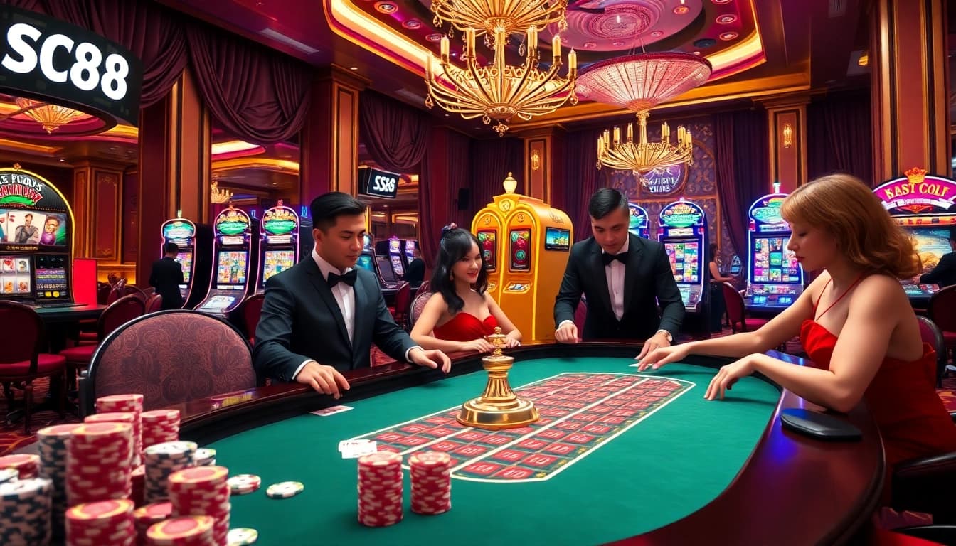Experience the excitement of gambling with SC88 at a lavish casino table surrounded by colorful chips.