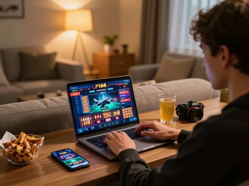 Experience online gaming at https://f168.osaka/ with a player enjoying a vibrant casino setup at home.
