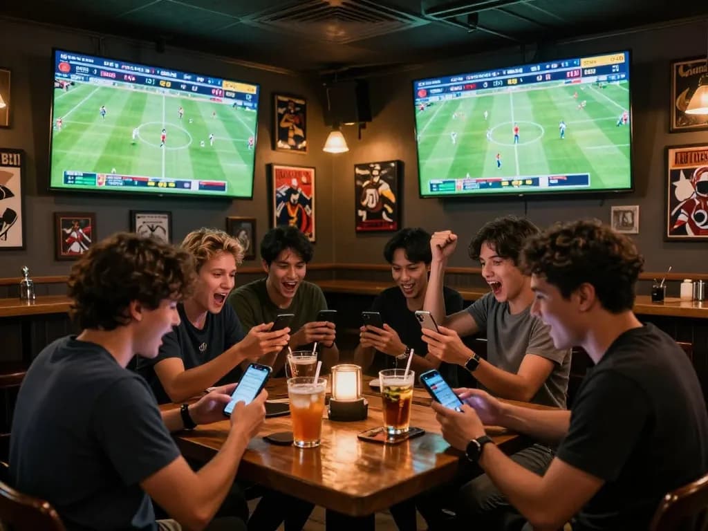 Watch live kết quả bóng đá results at a vibrant sports bar with friends, celebrating wins.