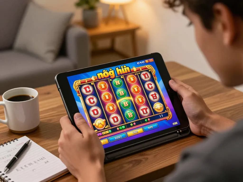 Engaging in nổ hũ gameplay on a tablet in a cozy home environment, showcasing strategic online gambling.