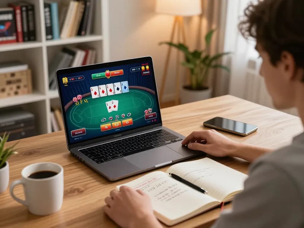 Hitclub online gambling scene with a player immersed in a poker game on a laptop at home