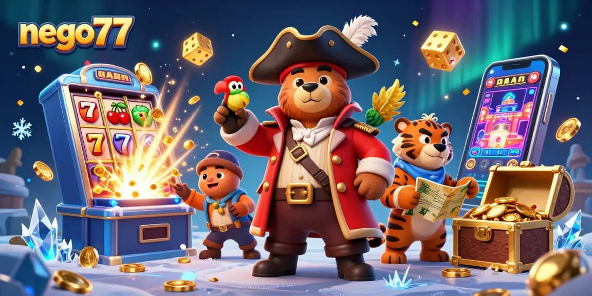 Engage with nego77's vibrant casino adventure featuring a 3D pirate bear, tiger, and treasure scene.