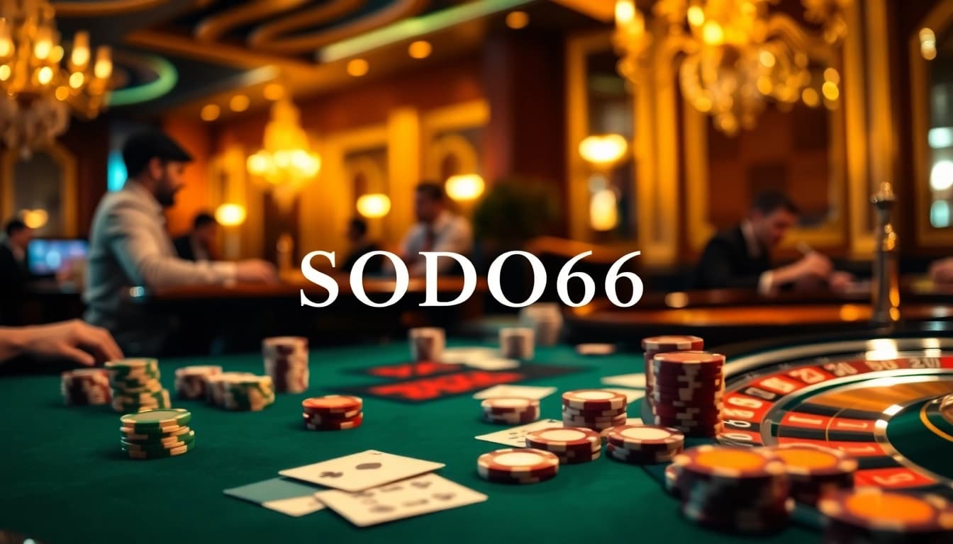 SODO66 players enjoying an exciting game at a luxurious casino table with cards and chips.
