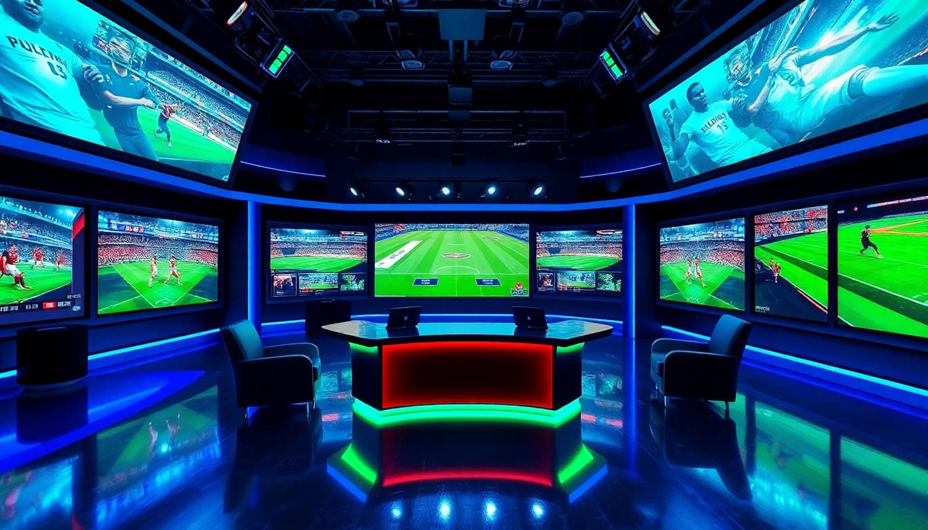 Engaging setup in a sports broadcasting studio showcasing technology and lively displays.