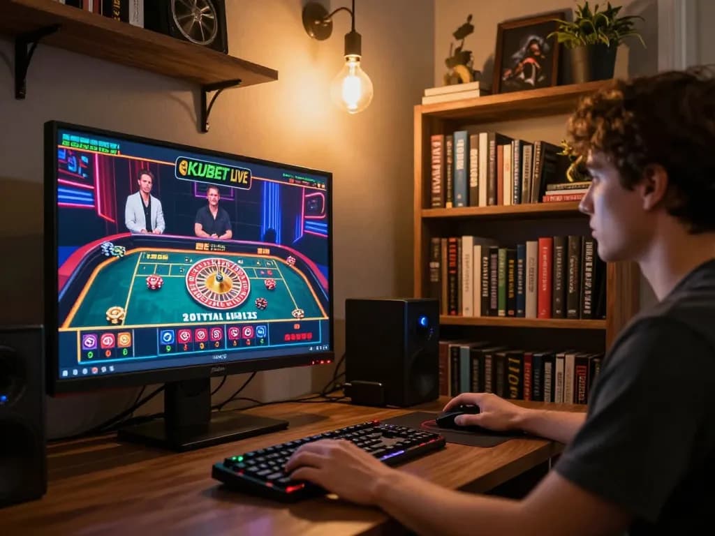 KUBET online gaming setup with vibrant roulette table and player ready to bet.