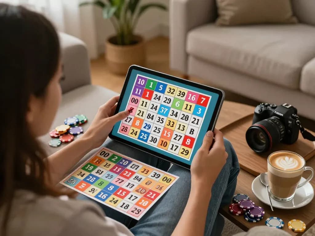 Engaging online gaming moment at 789win com with player marking bingo cards in a cozy home setting.