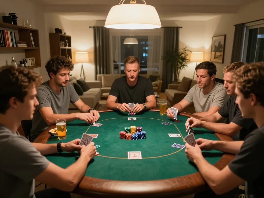 Friends enjoying a friendly poker game at home, showcasing luck8l atmosphere with colorful chips and cards.
