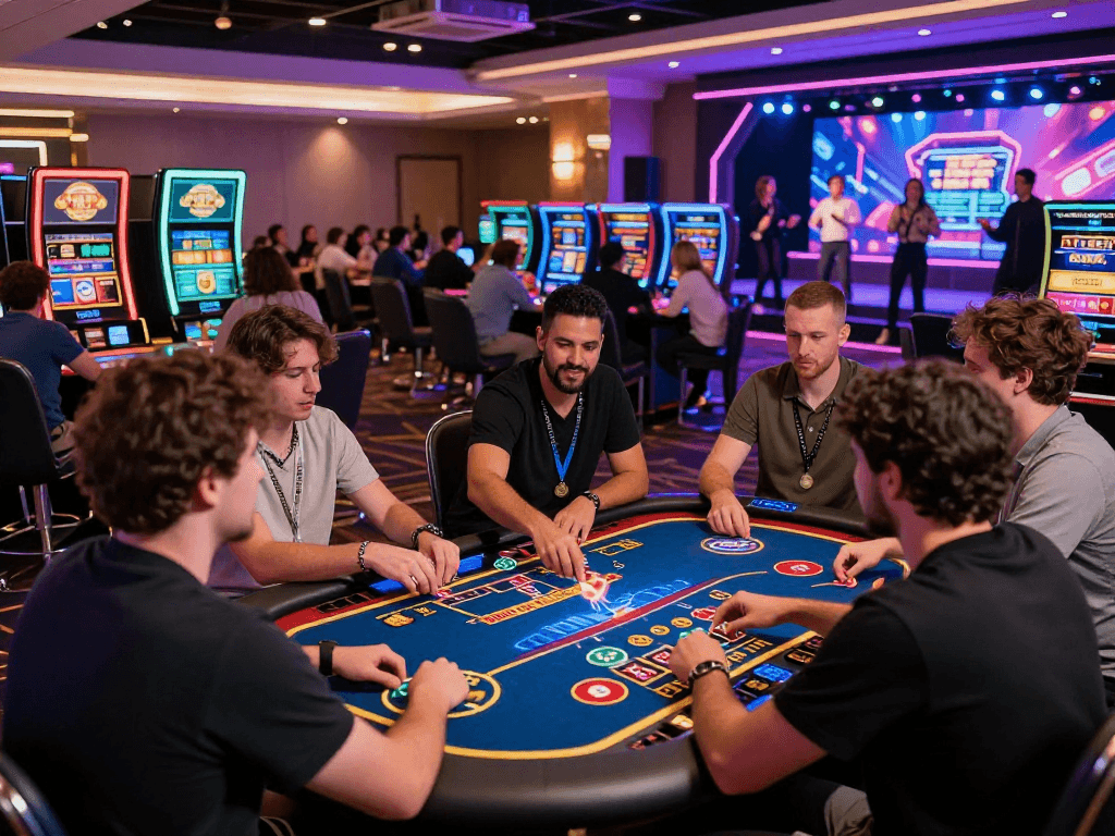 Engaged players experiencing a vibrant crypto casino atmosphere with high-tech gaming tables and live entertainment.