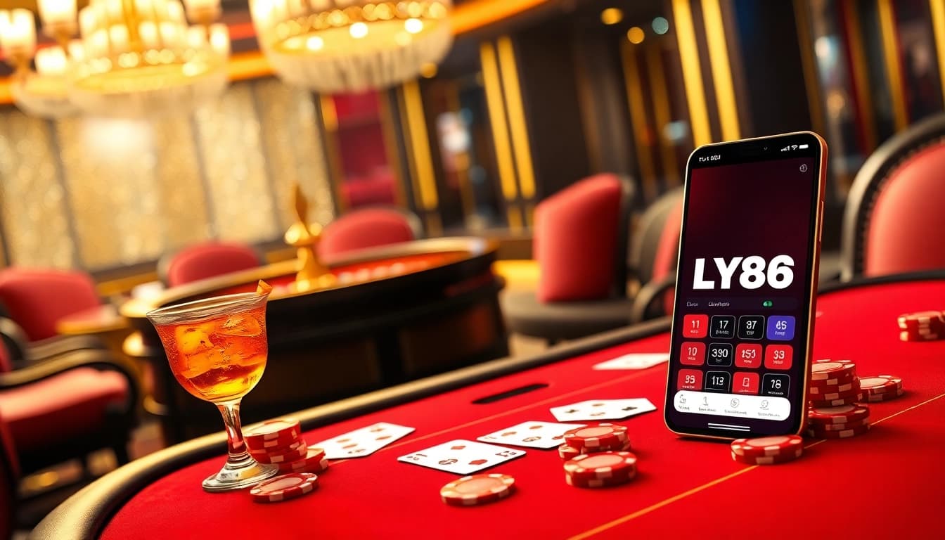 Engaging scene of FLY88 poker table with vibrant chips and elegant decor, capturing the casino thrill.