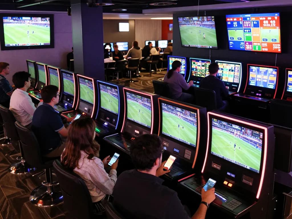 Winbd betting action at a lively sports venue, fans engaged with live odds on screens