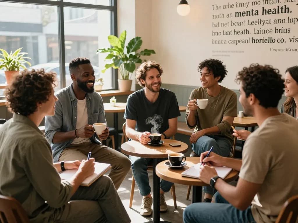 Men engaging in meaningful conversations at a manclub support gathering in a cozy café.