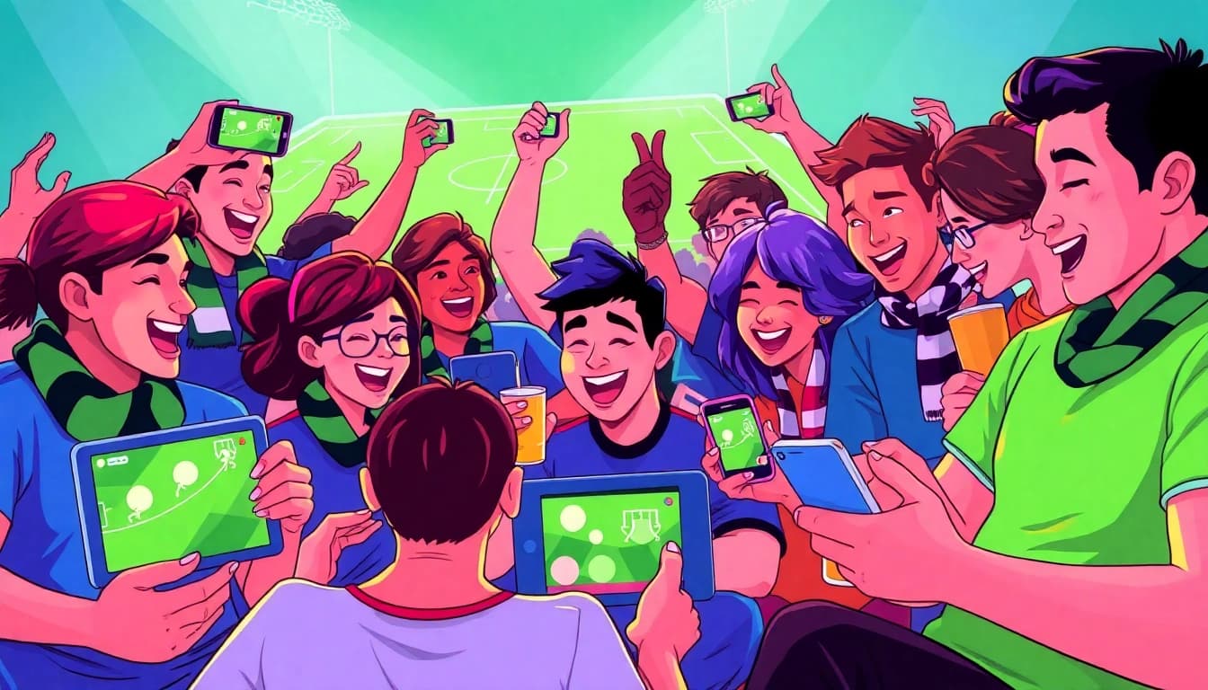 Excited fans enjoying LuongSon TV's live soccer streaming on various devices, showcasing a vibrant viewing atmosphere.