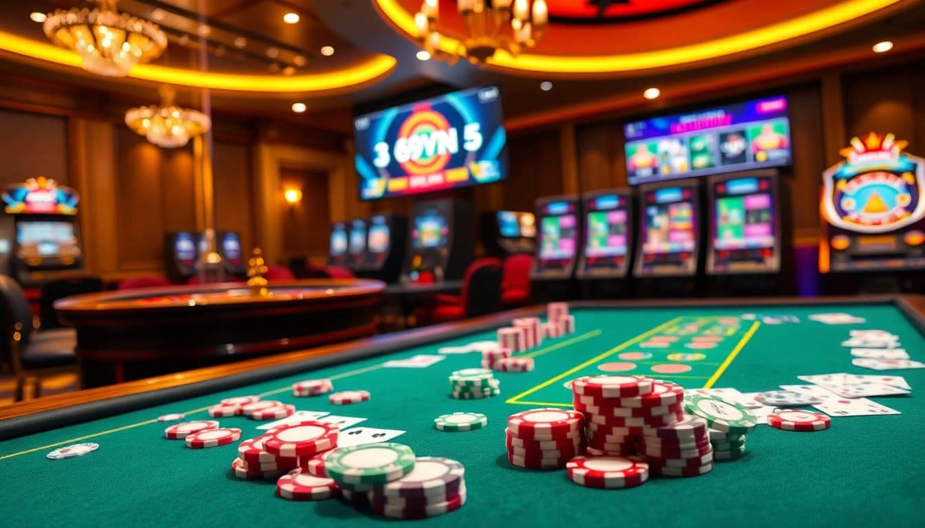 Exciting online gambling action at 69vn with poker chips and roulette wheel.