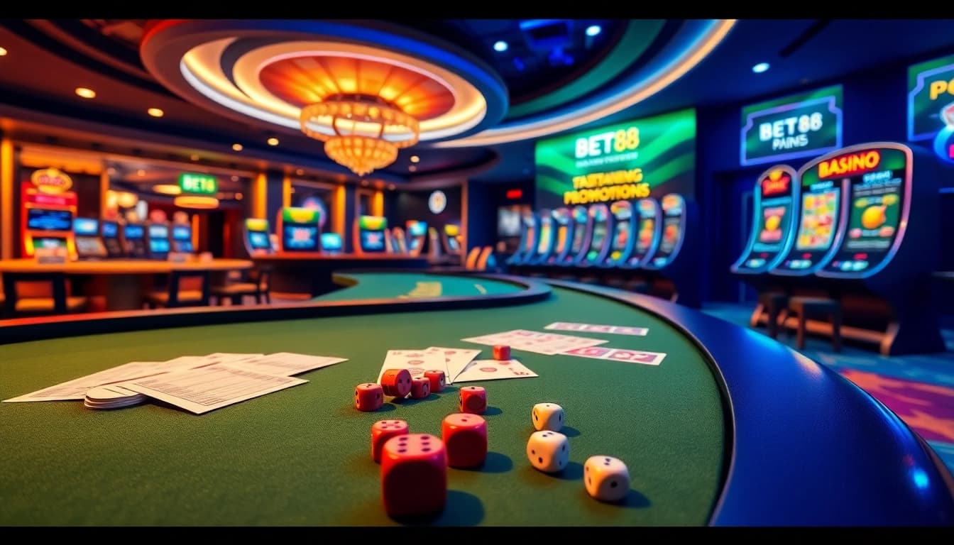 Experience the excitement of BET88 with vibrant casino visuals featuring tables, chips, and slots.