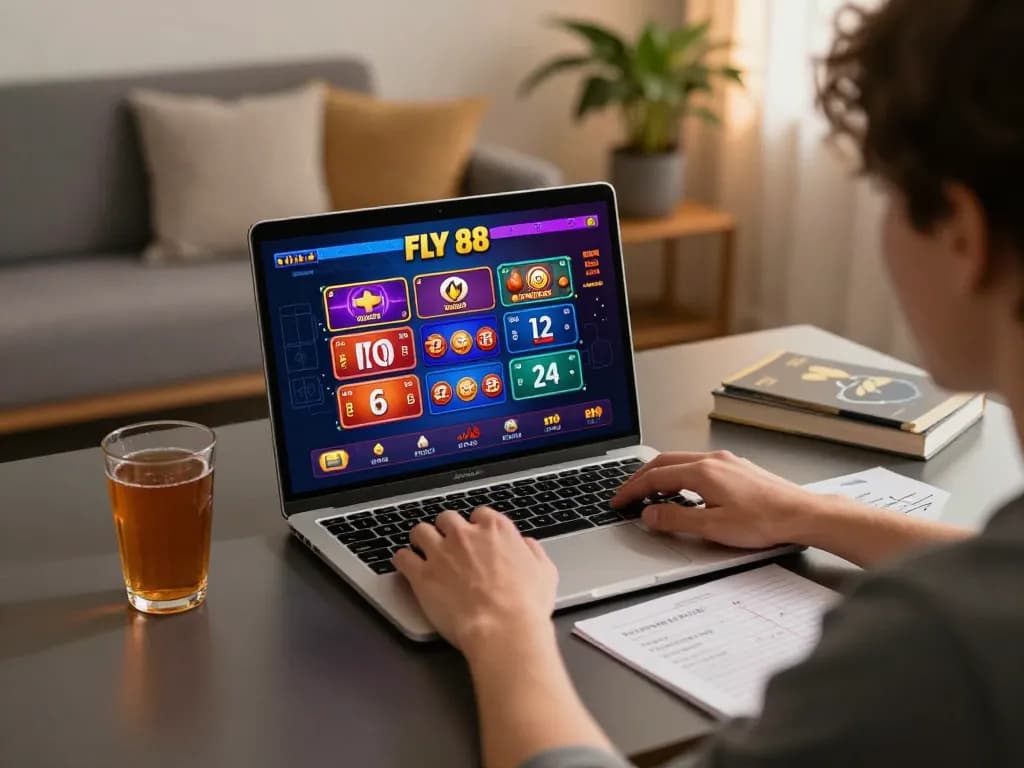 Player strategizing on FLY 88 online casino while enjoying a cozy atmosphere with laptop and notes.
