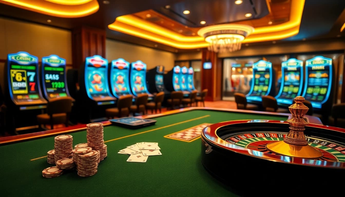 Experience the thrill of RR88 with vibrant casino tables, poker chips, and roulette wheels.