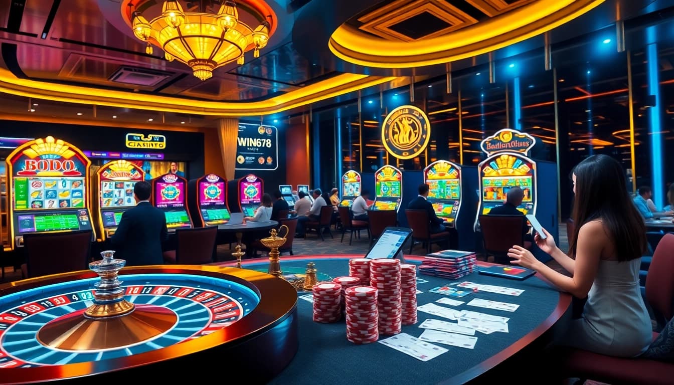 WIN678 players enjoying a luxurious online casino experience with vibrant tables and dynamic betting.