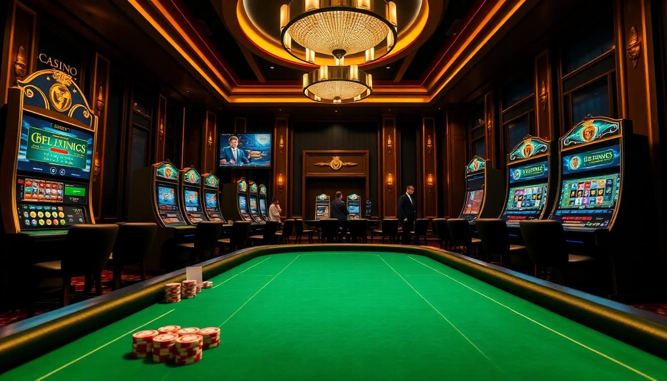 A stunning overview of a luxurious casino environment featuring online gambling elements from https://kjc.football/, filled with engaging casino tables and vibrant slot machines.