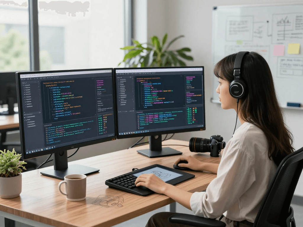 AI programming workspace with dual monitors and vibrant atmosphere, showcasing skills in ia +18.