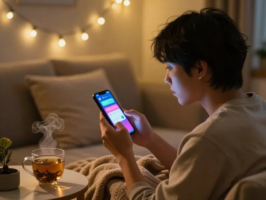 Engaging in ai sex chat on smartphone in a cozy, inviting atmosphere.