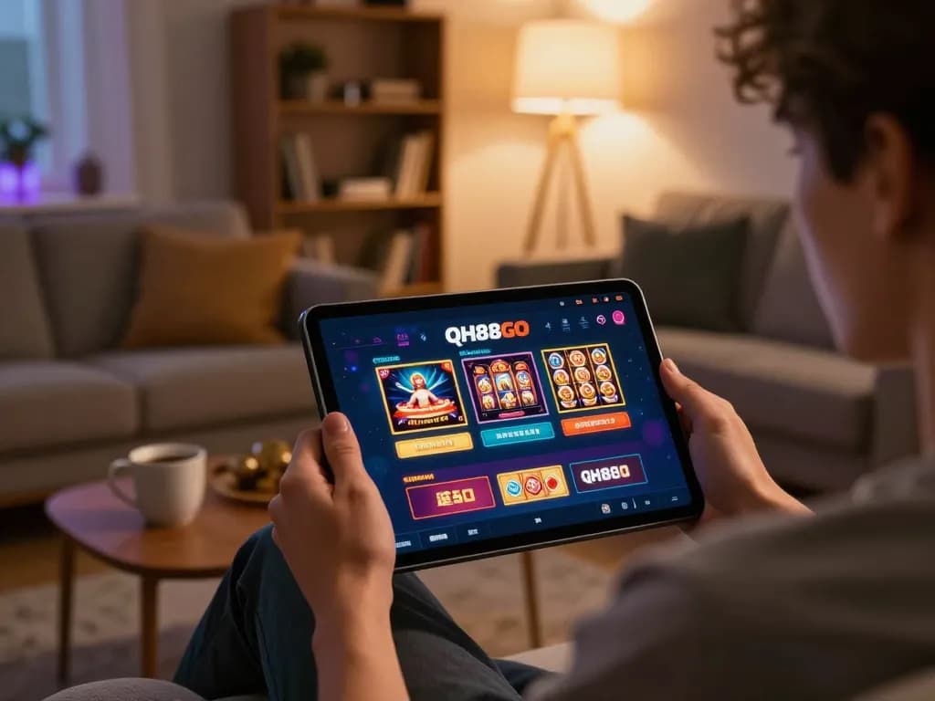 Player enjoying QH88GO's casino app in a cozy home environment, displaying engaging gaming content.