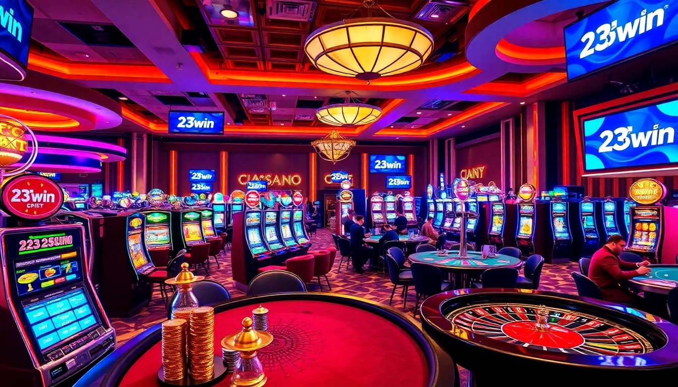 Exciting casino scene showcasing players at 23win tables with vibrant slot machines and poker chips.