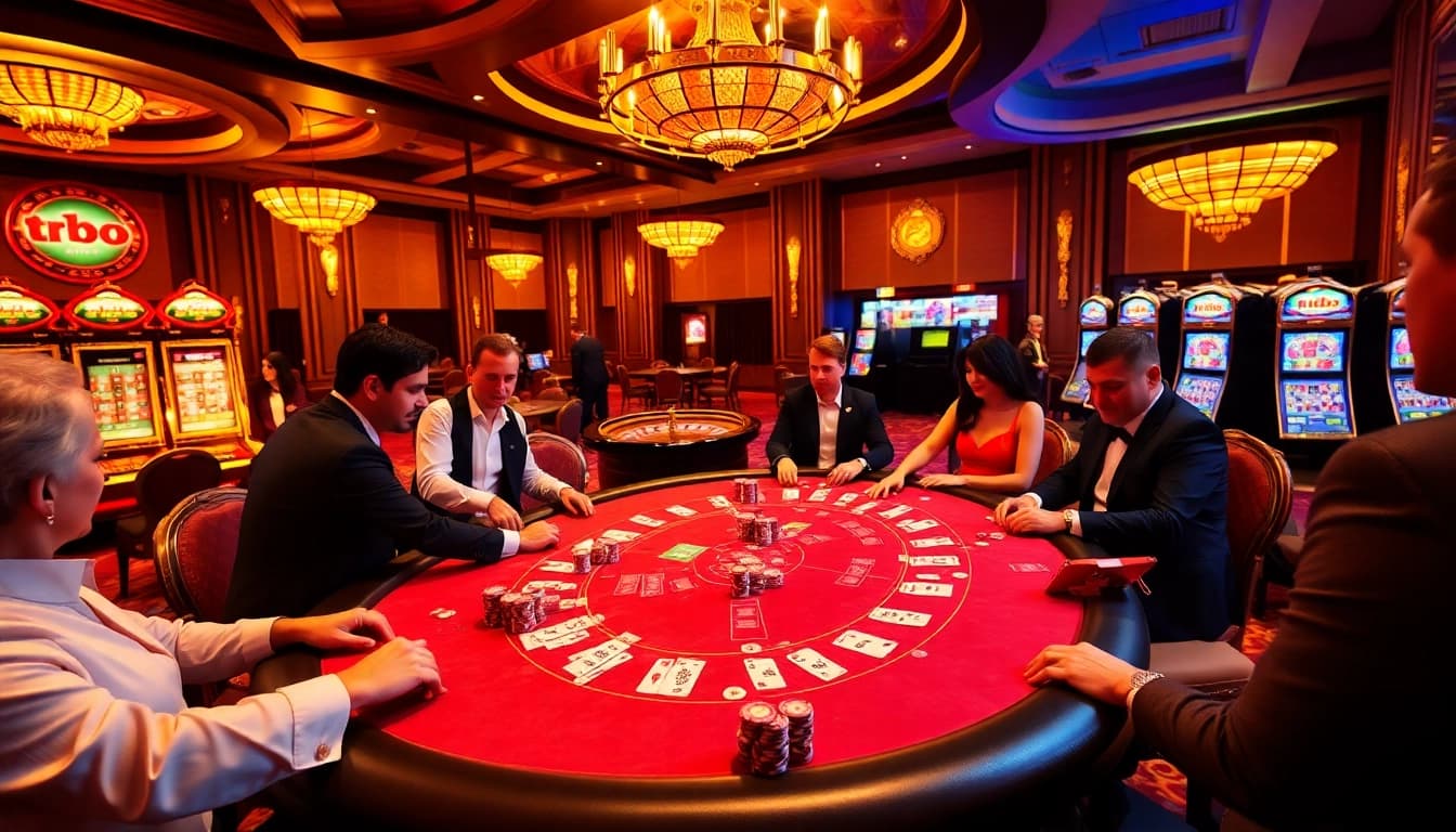 Engaging players at a poker table experience tr88 excitement in a luxury casino setting.