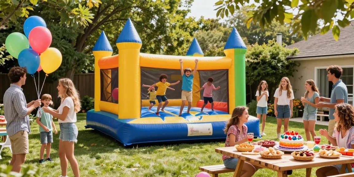 Children enjoying a bounce house at https://123b.party/ backyard party filled with festive decorations and laughter.