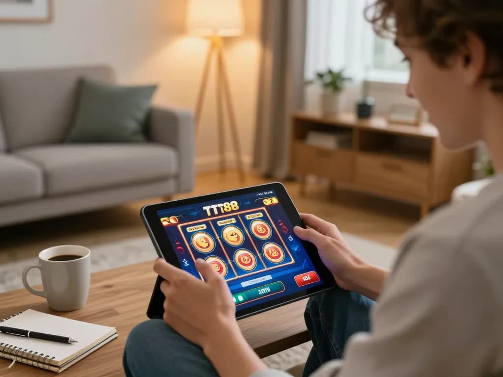Excited player enjoying TT88 casino games on a tablet at home amidst warm, stylish decor.