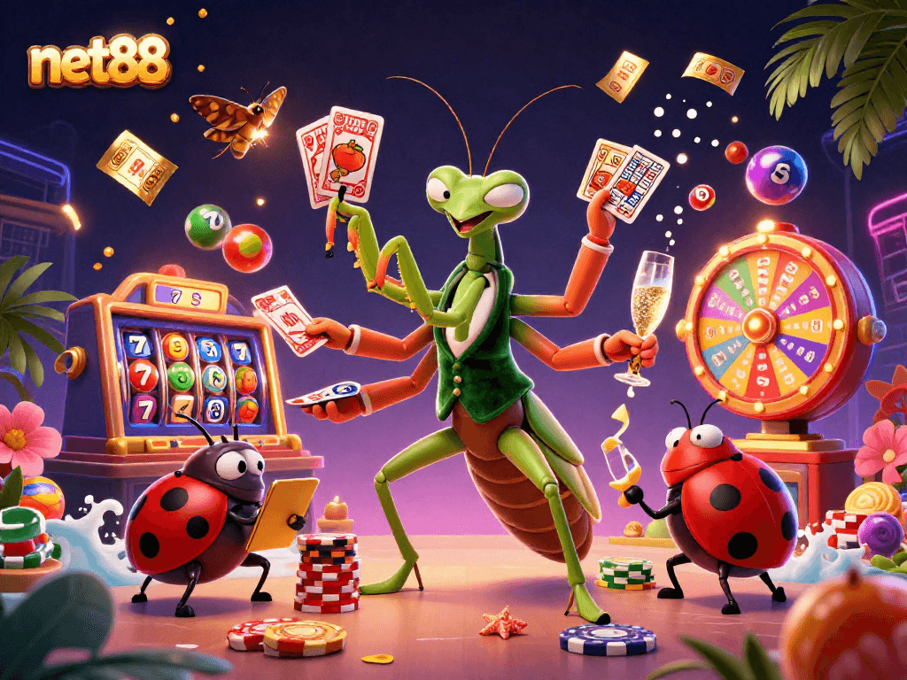 Engaging illustration of net88 with vibrant casino elements and dynamic characters in a lively gaming scene.