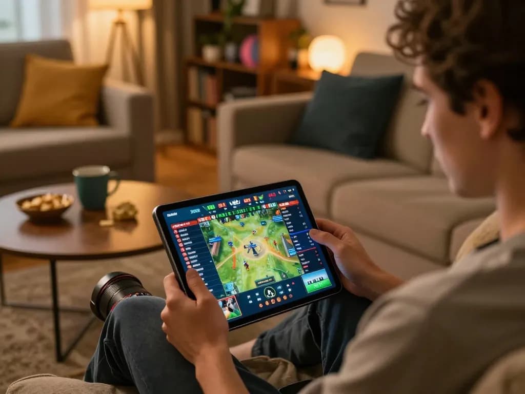 Engaging in sports betting with https://tr88.pics/ on a tablet in a cozy home setting