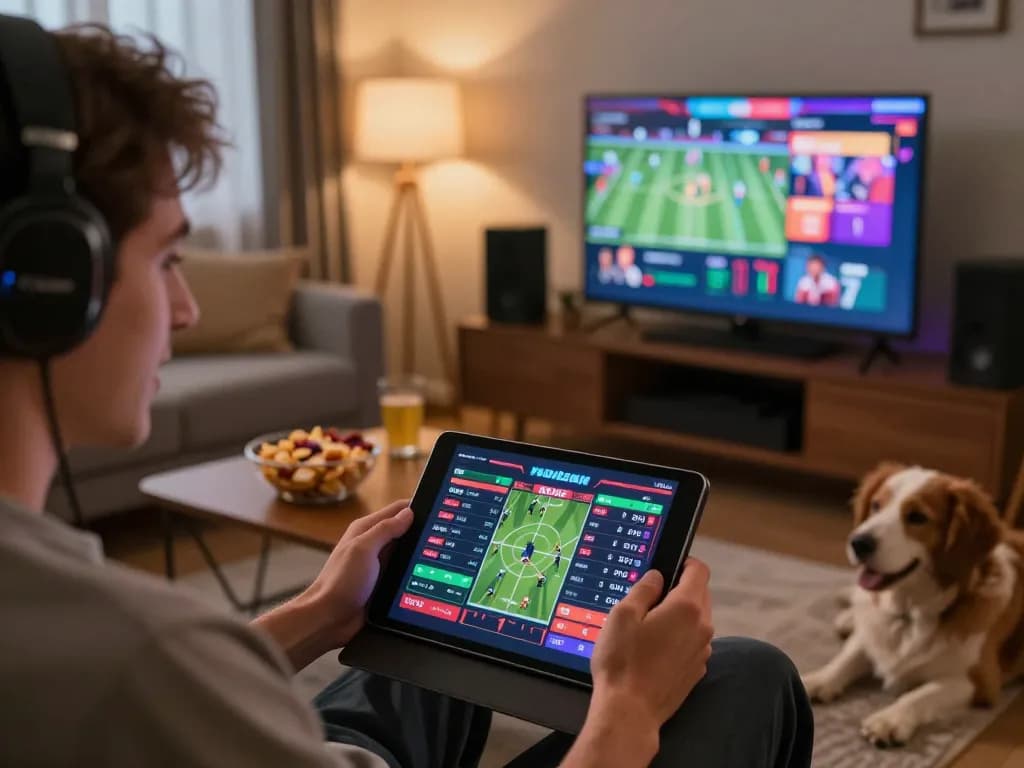 Engaging online sports betting experience with 7M platform on tablet.