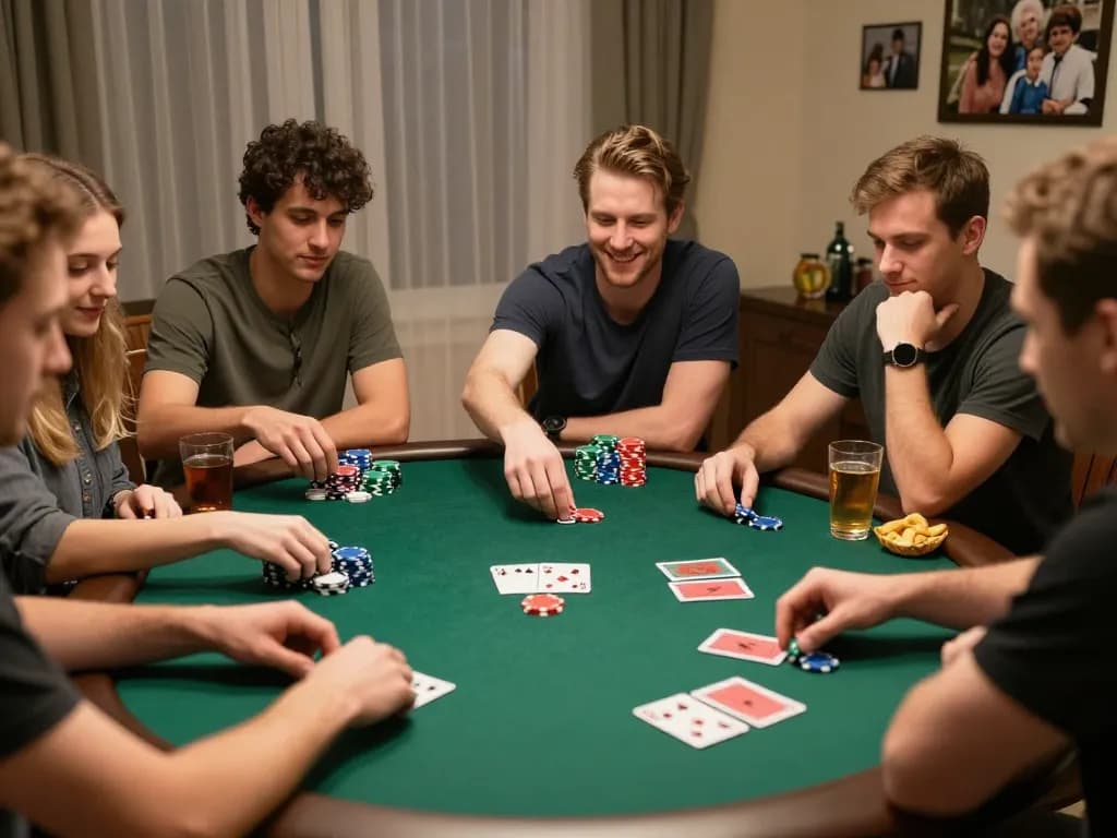 Friends enjoying a lively poker game at home, engaging in strategy while playing CM88 for an exciting evening.