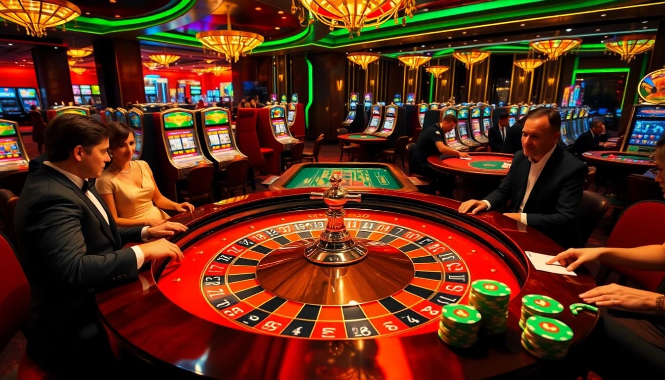 Engage in high-stakes gambling at 33win.fast with a vibrant roulette table and excited players.