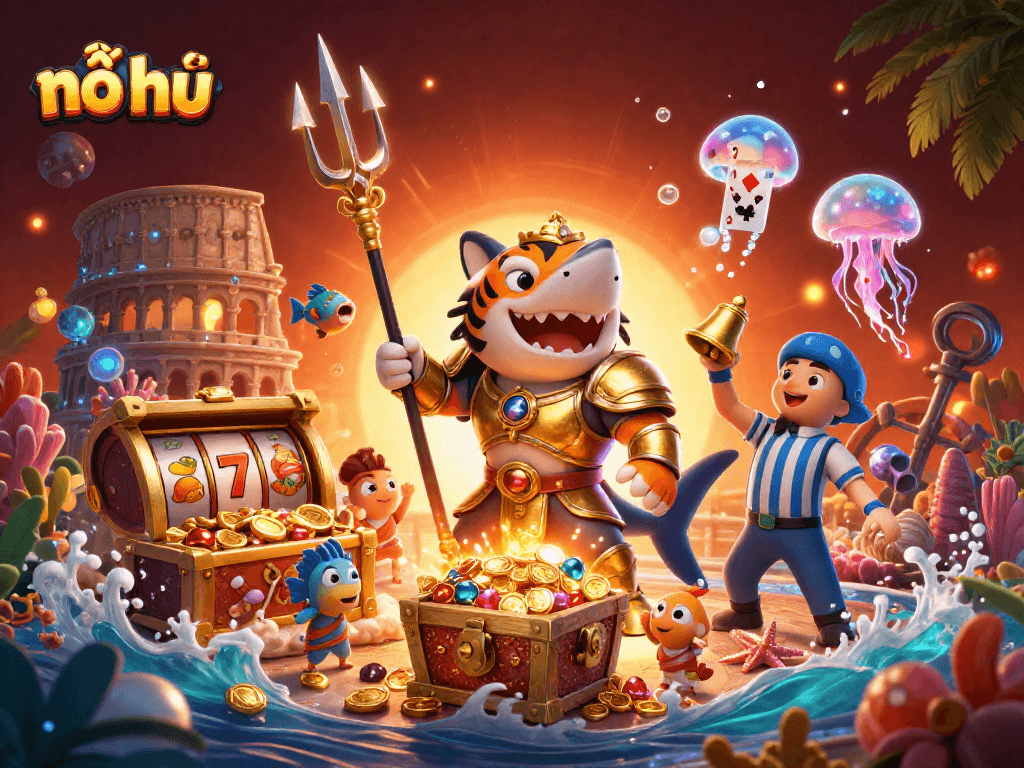 Engage in thrilling nổ hũ gaming with a fierce tiger shark and underwater treasures.