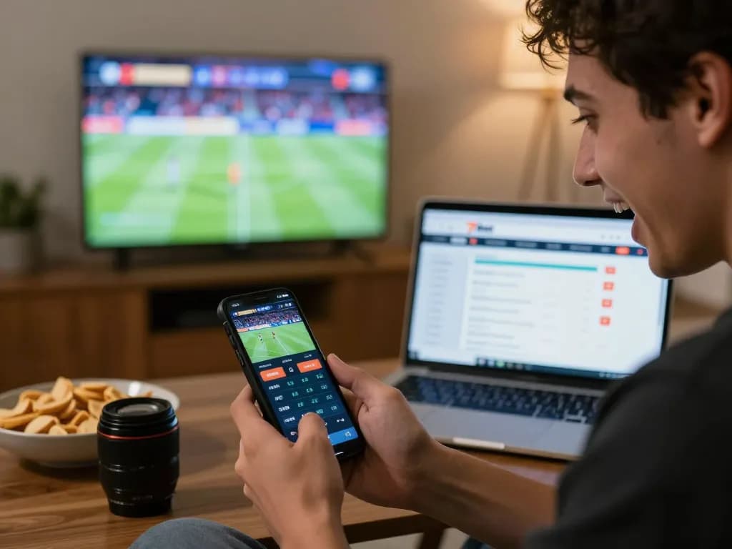 Betting enthusiast engaging with 77bet app on smartphone during live game, showcasing home betting excitement.