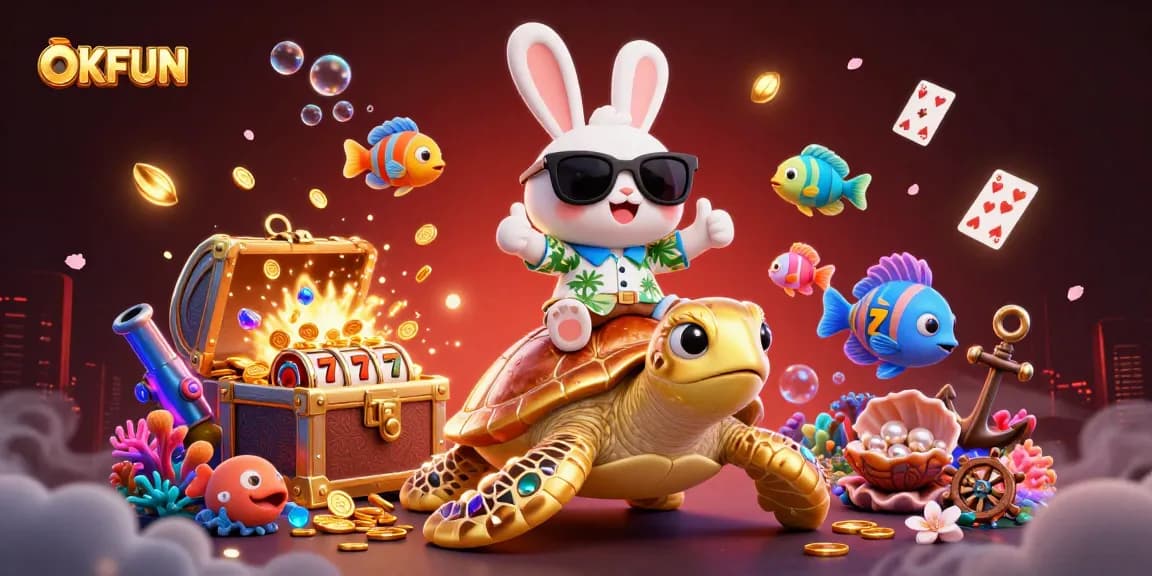 Join the winning fun at OKFUN with a lucky rabbit and a giant sea turtle in this colorful casino scene.