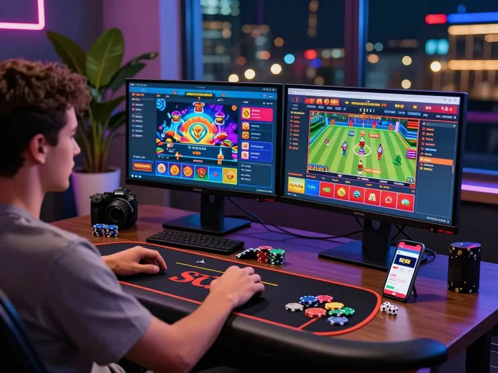 Player enjoying a thrilling online betting experience with SC88 on multiple screens, showcasing vibrant casino games and sports.